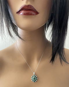 4.10Ct Natural Emerald and Diamond 14K Solid White Gold Necklace