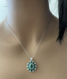 4.10Ct Natural Emerald and Diamond 14K Solid White Gold Necklace
