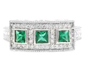 Spectacular Natural Emerald and Diamond 14K Solid White Gold Ring