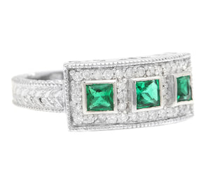 Spectacular Natural Emerald and Diamond 14K Solid White Gold Ring