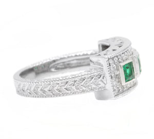 Spectacular Natural Emerald and Diamond 14K Solid White Gold Ring