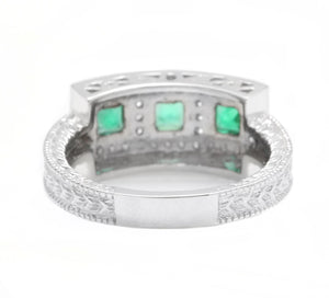 Spectacular Natural Emerald and Diamond 14K Solid White Gold Ring