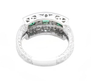 Spectacular Natural Emerald and Diamond 14K Solid White Gold Ring