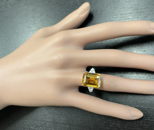 7.35Ct Natural Citrine and Diamond 14K Solid White Gold Ring