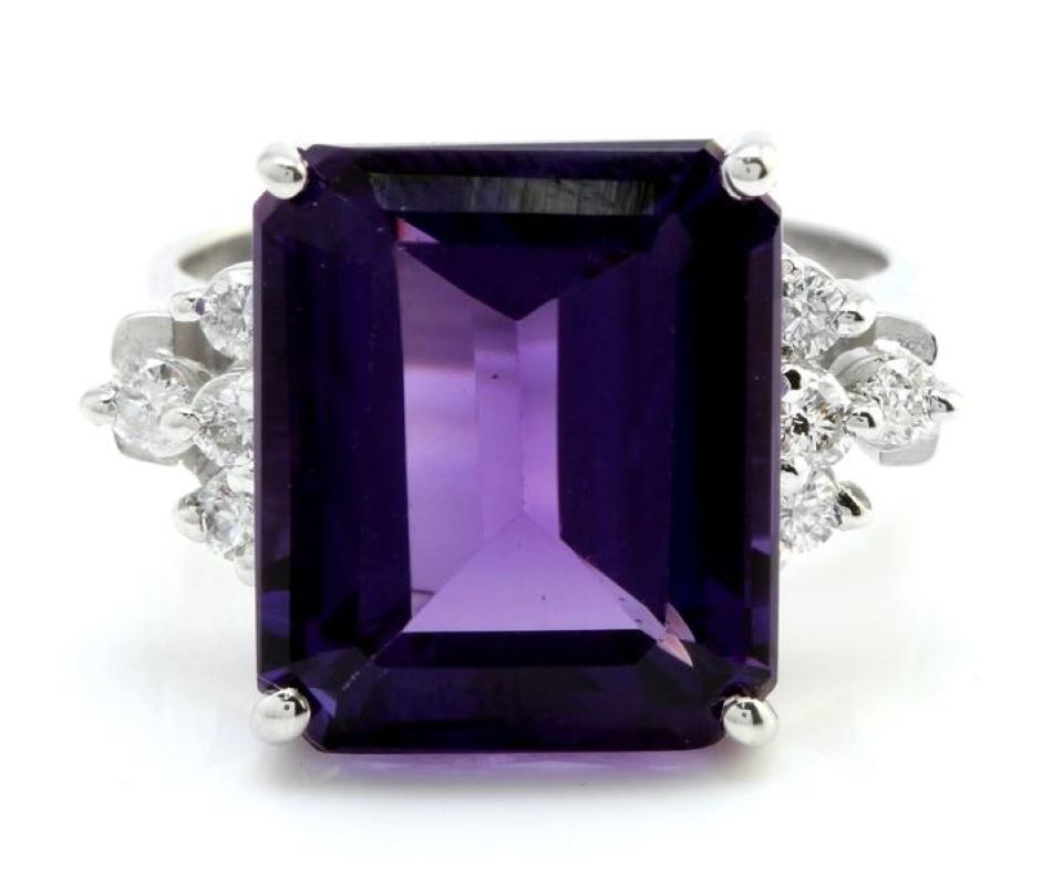 8.35 Carats Natural Amethyst and Diamond 14K Solid White Gold Ring