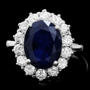7.20 Carats Natural Blue Sapphire and Diamond 14K Solid White Gold Ring