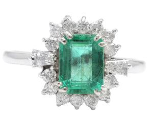 1.45 Carats Natural Emerald and Diamond 14K Solid White Gold Ring