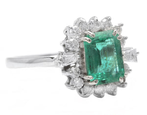 1.45 Carats Natural Emerald and Diamond 14K Solid White Gold Ring