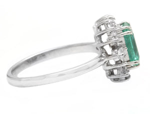 1.45 Carats Natural Emerald and Diamond 14K Solid White Gold Ring