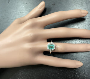 1.45 Carats Natural Emerald and Diamond 14K Solid White Gold Ring