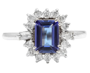 1.45 Carats Natural Tanzanite and Diamond 14K Solid White Gold Ring