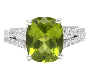 5.00 Carats Natural Peridot and Diamond 14K Solid White Gold Ring