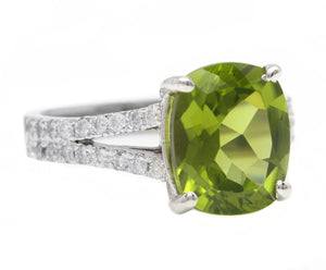 5.00 Carats Natural Peridot and Diamond 14K Solid White Gold Ring