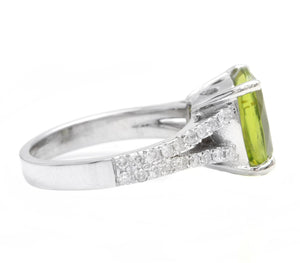 5.00 Carats Natural Peridot and Diamond 14K Solid White Gold Ring