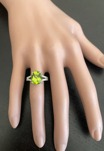 5.00 Carats Natural Peridot and Diamond 14K Solid White Gold Ring