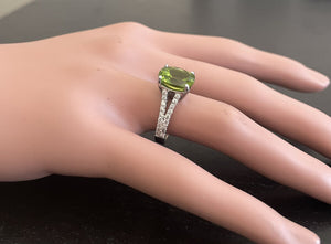 5.00 Carats Natural Peridot and Diamond 14K Solid White Gold Ring