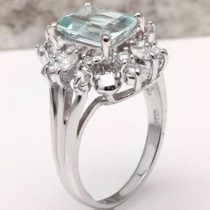 3.50 Carats Natural Aquamarine and Diamond 14K Solid White Gold Ring