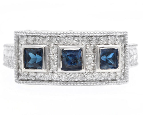 1.20Ct Natural Blue Sapphire and Natural Diamond 14K Solid White Gold Ring