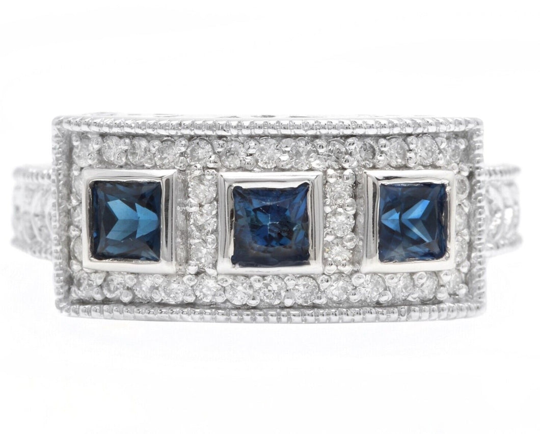 1.20Ct Natural Blue Sapphire and Natural Diamond 14K Solid White Gold Ring
