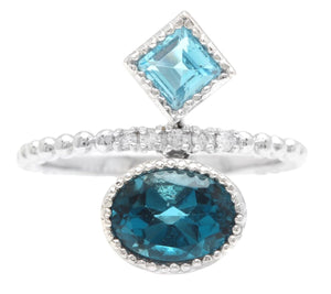 2.20Ct Natural London & Swiss Blue Topaz and Diamond 14K Solid White Gold Ring