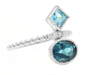 2.20Ct Natural London & Swiss Blue Topaz and Diamond 14K Solid White Gold Ring