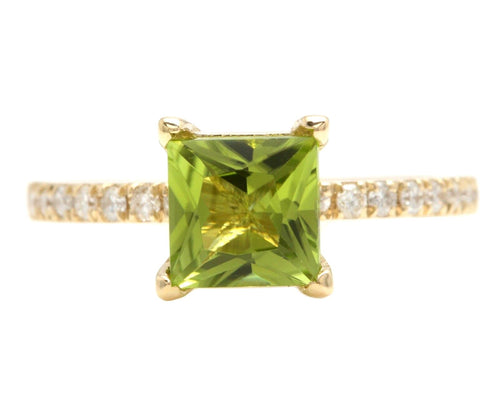 1.60 Carats Natural Peridot and Diamond 14K Solid Yellow Gold Ring