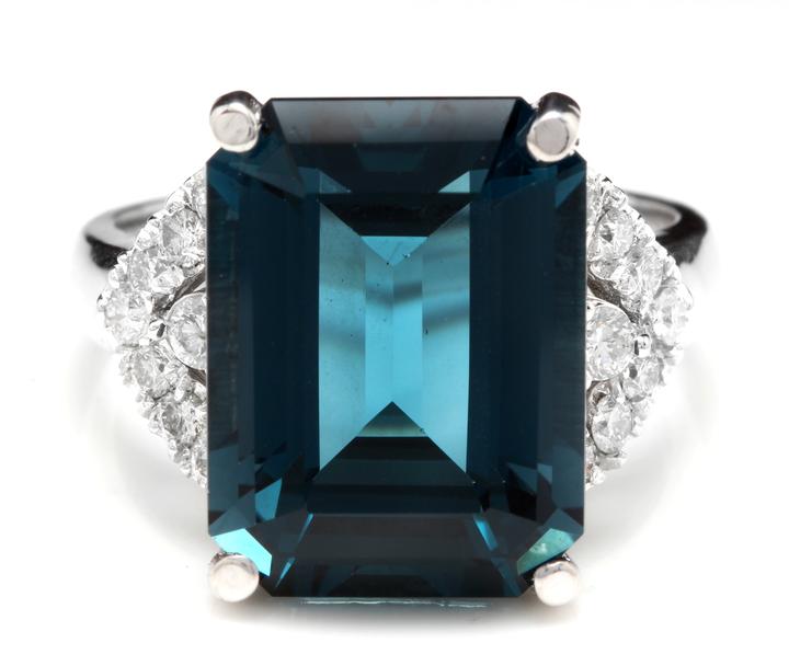 15.20 Carats Natural Impressive London Blue Topaz and Diamond 14K White Gold Ring