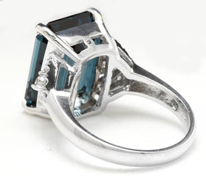 15.20 Carats Natural Impressive London Blue Topaz and Diamond 14K White Gold Ring