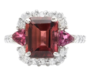 4.70 Carats Natural Tourmaline and Diamond 14K Solid White Gold Ring