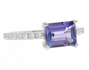 1.90 Carats Natural Tanzanite and Diamond 14K Solid White Gold Ring