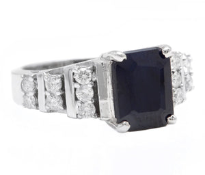 3.65Ct Natural Blue Sapphire and Natural Diamond 14K Solid White Gold Ring