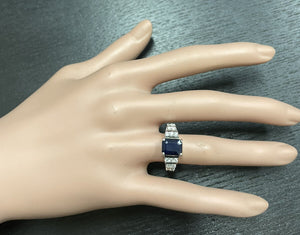 3.65Ct Natural Blue Sapphire and Natural Diamond 14K Solid White Gold Ring