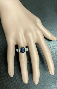 3.65Ct Natural Blue Sapphire and Natural Diamond 14K Solid White Gold Ring