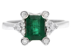 1.22Ct Natural Emerald and Diamond 14k Solid White Gold Ring