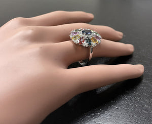 5.00 Carats Natural Multi-Color Sapphire and Diamond 14K Solid White Gold Ring