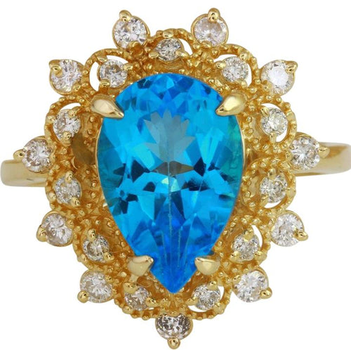 5.22 Carats Natural Gorgeous Swiss Blue Topaz and Diamond 14K Solid Yellow Gold Ring