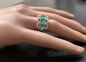 3.68Ct Natural Emerald & Diamond 14K Solid White Gold Ring