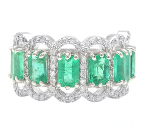 3.68Ct Natural Emerald & Diamond 14K Solid White Gold Ring