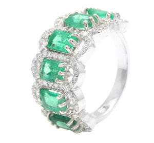 3.68Ct Natural Emerald & Diamond 14K Solid White Gold Ring