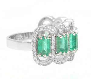 3.68Ct Natural Emerald & Diamond 14K Solid White Gold Ring