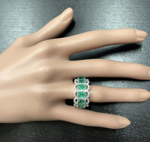 3.68Ct Natural Emerald & Diamond 14K Solid White Gold Ring