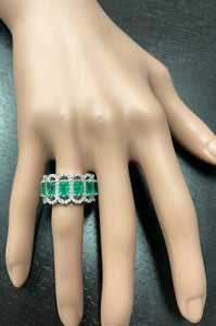 3.68Ct Natural Emerald & Diamond 14K Solid White Gold Ring