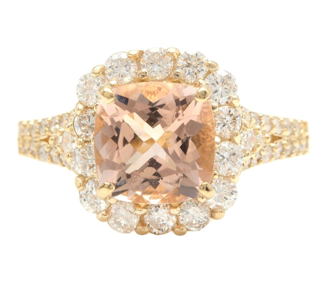 3.00 Carats Natural Morganite and Diamond 14K Solid Yellow Gold Ring