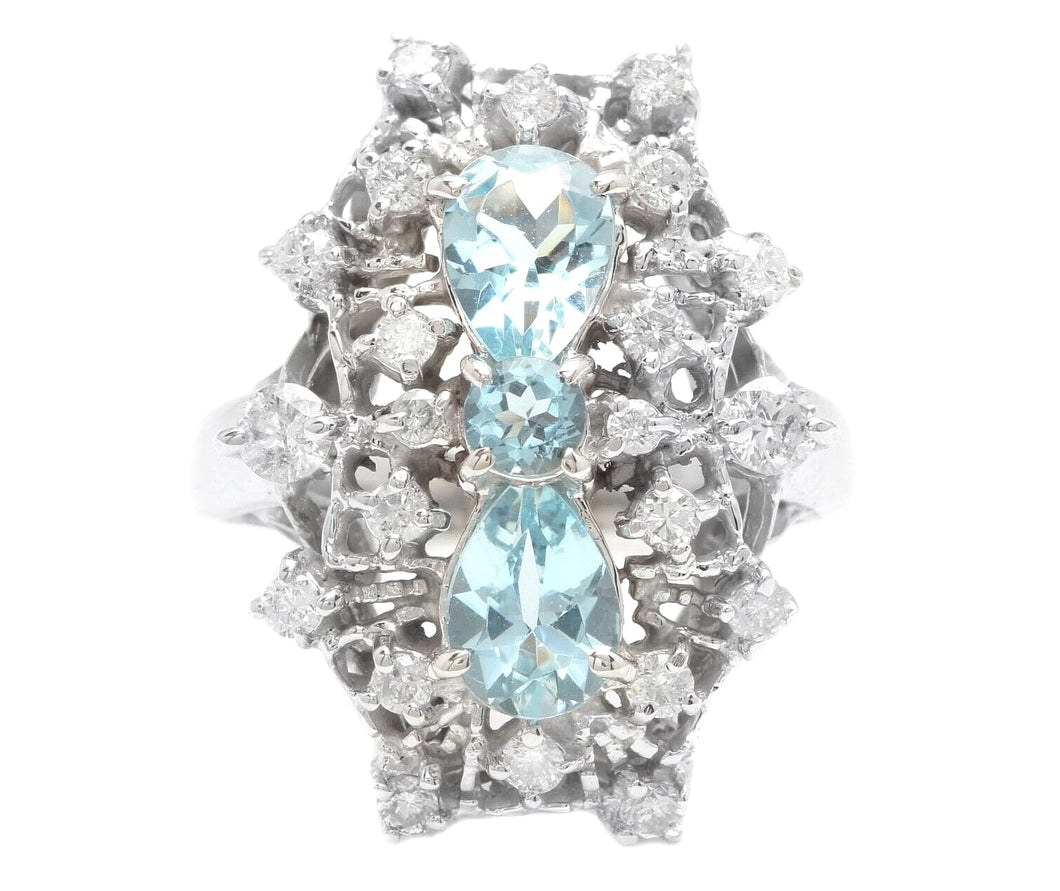 1.75Ct Natural Aquamarine and Diamond 14K Solid White Gold Ring