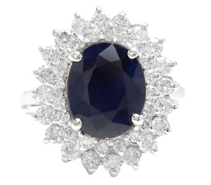 5.20Ct Natural Blue Sapphire and Natural Diamond 14K Solid White Gold Ring