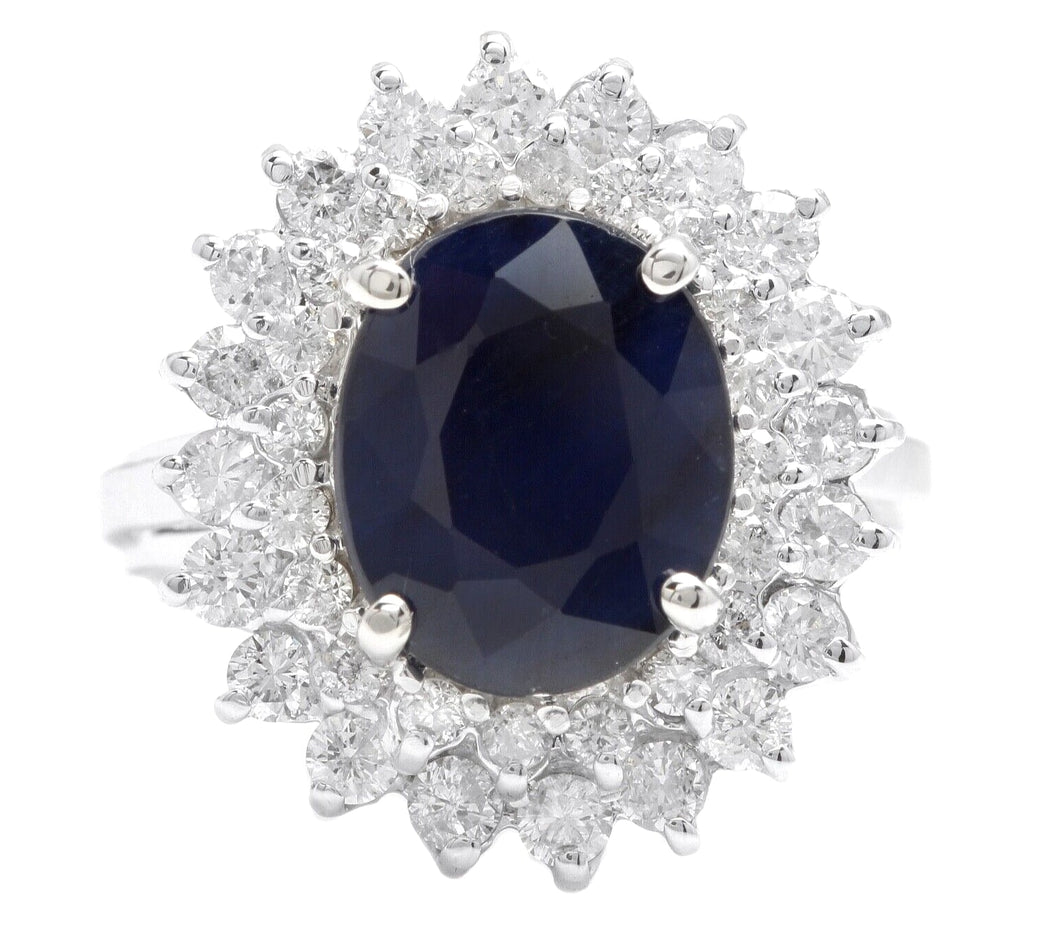 5.20Ct Natural Blue Sapphire and Natural Diamond 14K Solid White Gold Ring