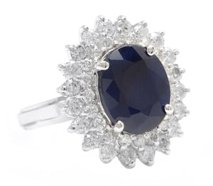 5.20Ct Natural Blue Sapphire and Natural Diamond 14K Solid White Gold Ring