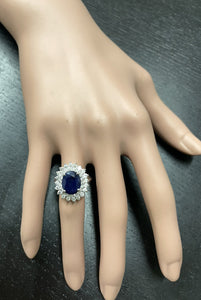 5.20Ct Natural Blue Sapphire and Natural Diamond 14K Solid White Gold Ring