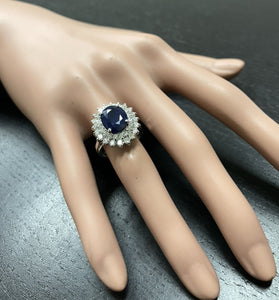 5.20Ct Natural Blue Sapphire and Natural Diamond 14K Solid White Gold Ring