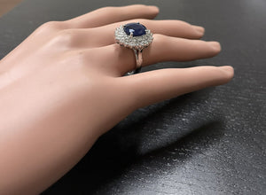 5.20Ct Natural Blue Sapphire and Natural Diamond 14K Solid White Gold Ring